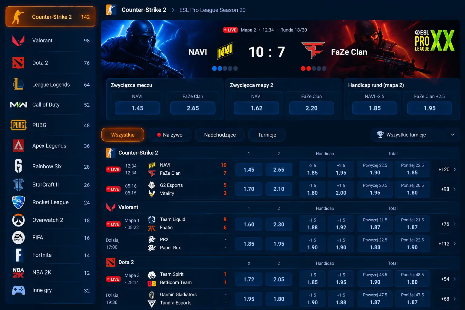 Sekcja esport Mostbet – mecz CS2 na żywo: NAVI vs FaZe Clan z kursami live