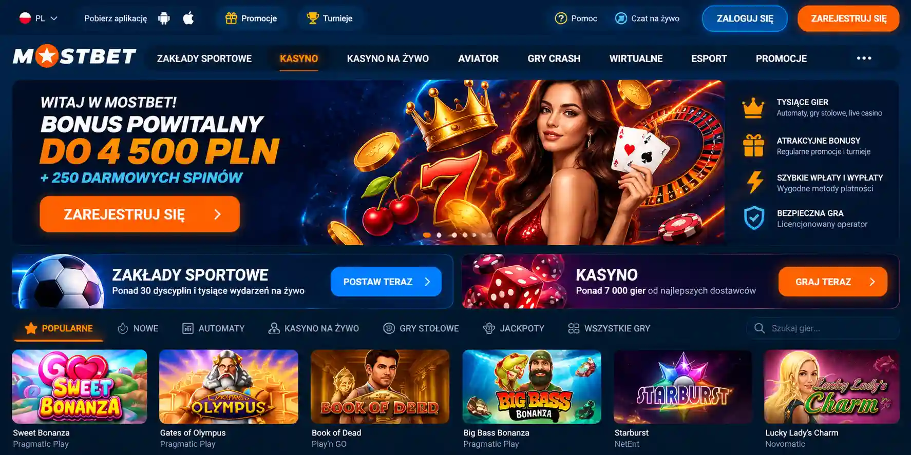Strona główna Mostbet Casino PL – sekcja kasyna i zakładów sportowych