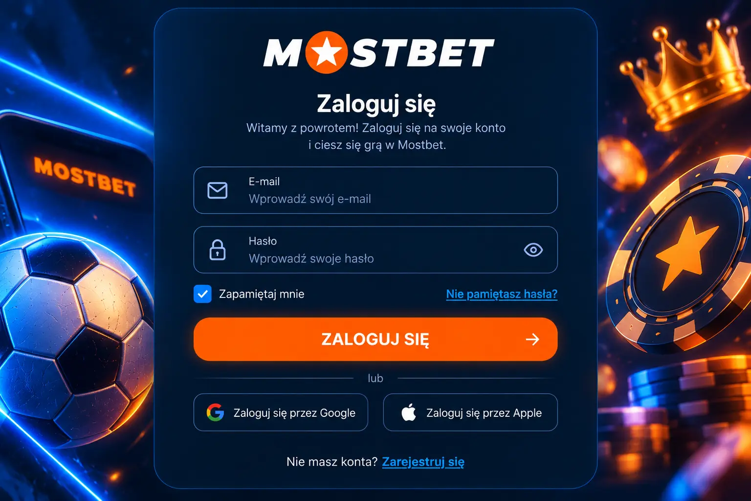 Formularz logowania Mostbet – e-mail, hasło, logowanie przez Google i Apple