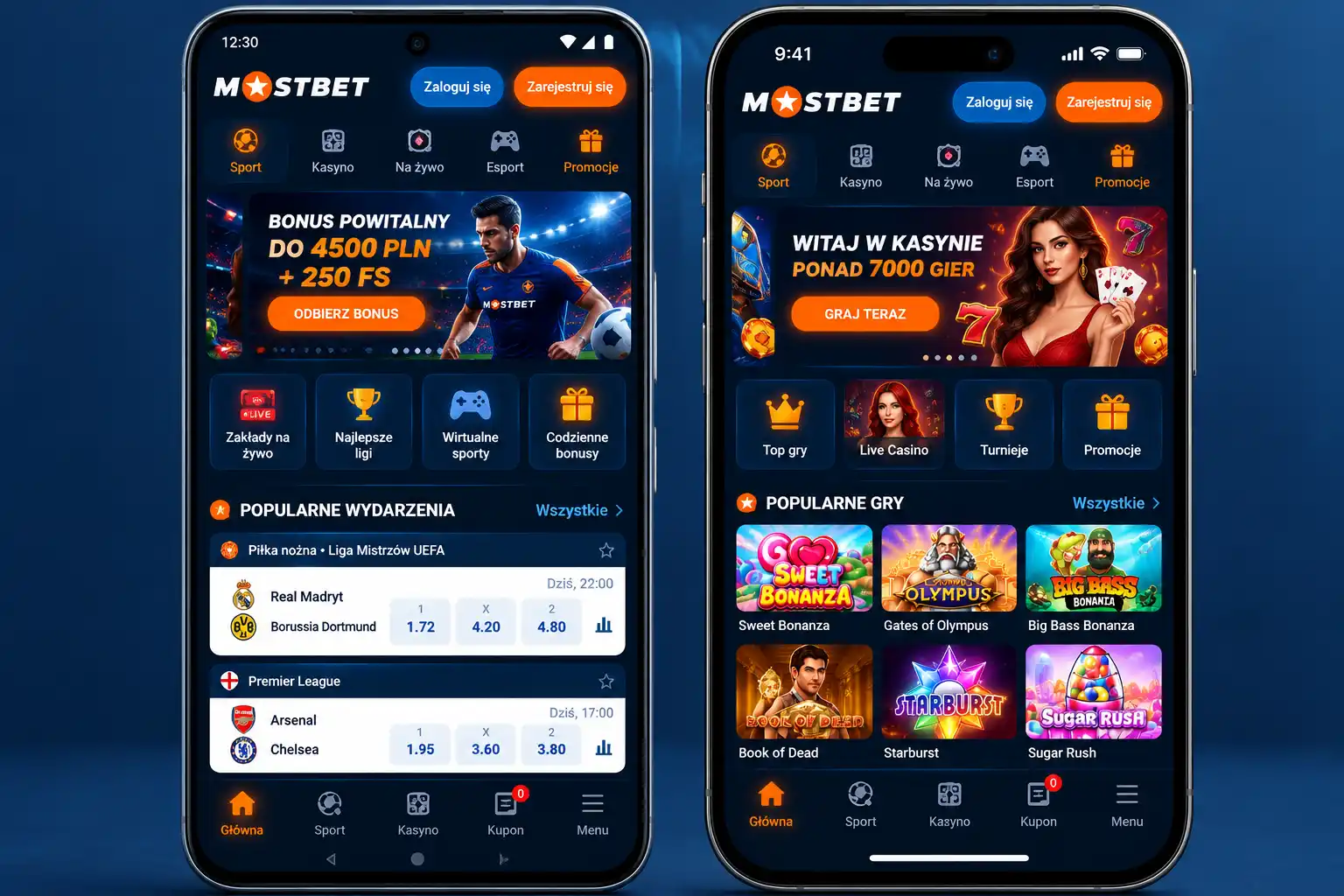 Aplikacja Mostbet na Android i iOS – widok główny sportu i kasyna na smartfonie