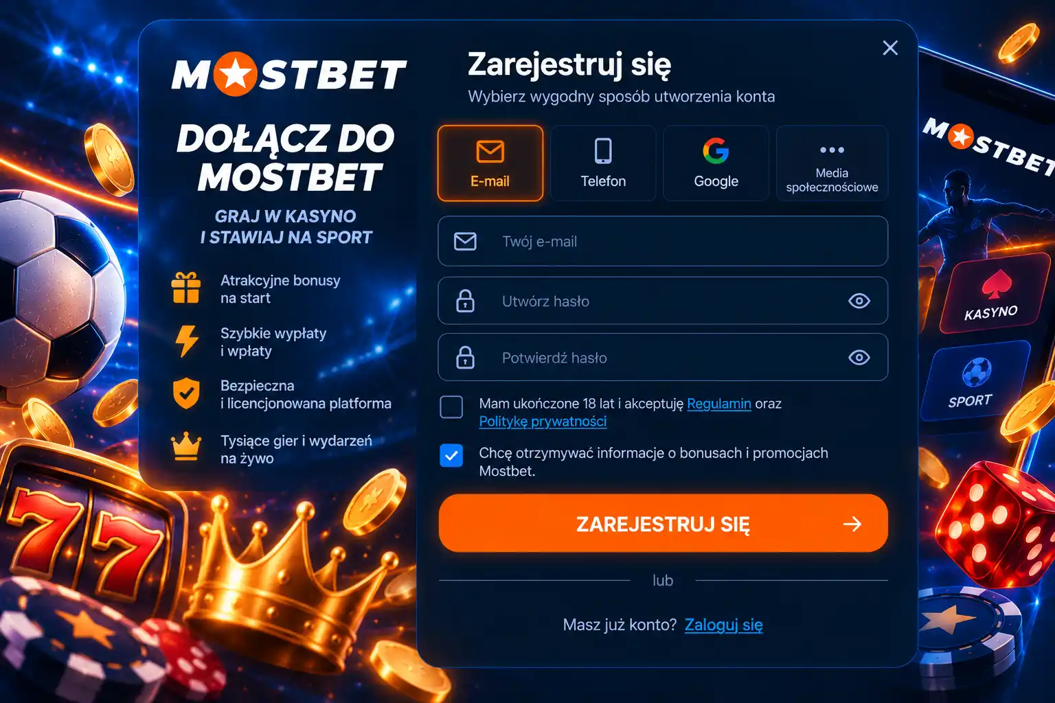 Formularz rejestracji Mostbet – cztery metody otwarcia konta