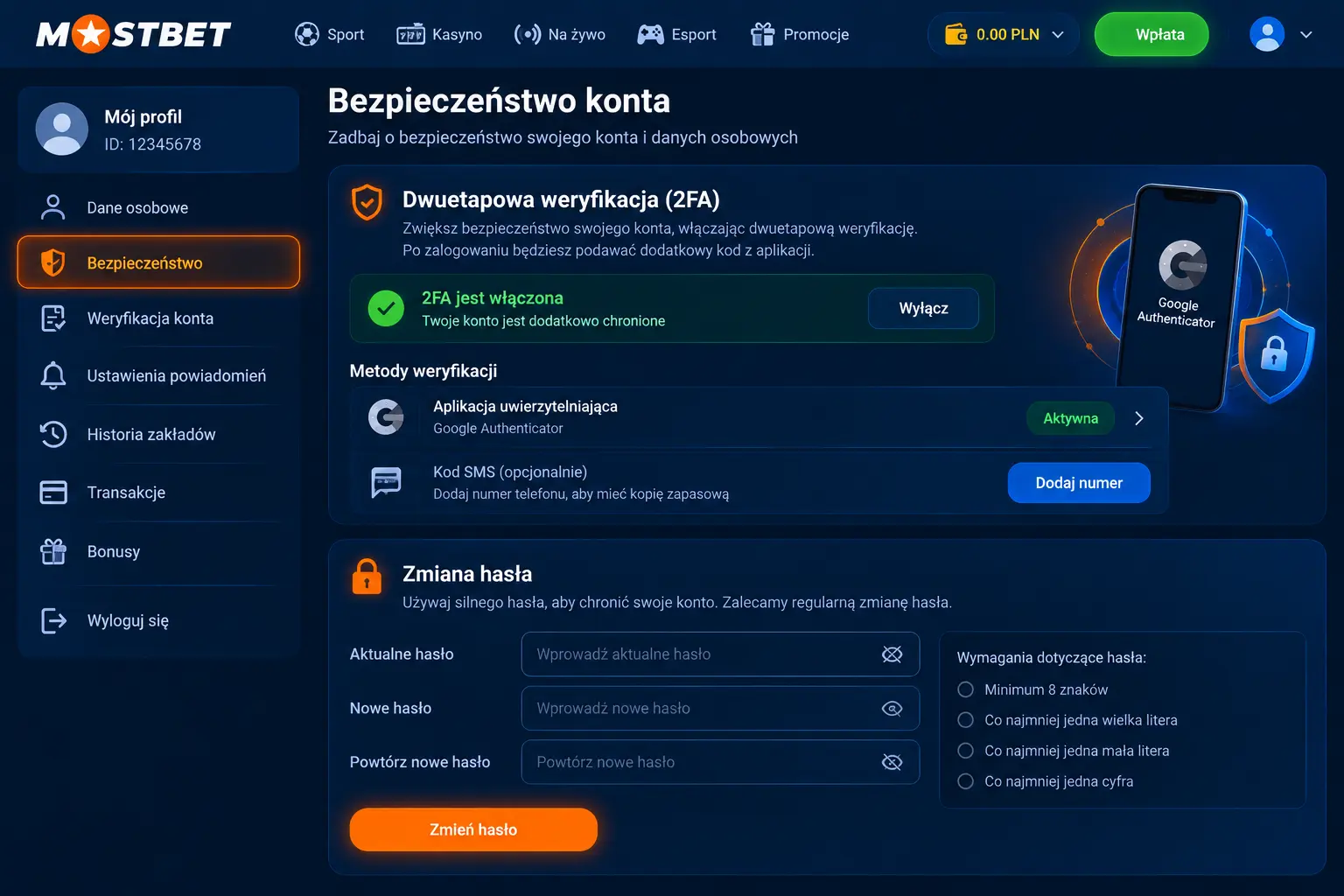 Bezpieczeństwo konta Mostbet – panel 2FA i zmiana hasła